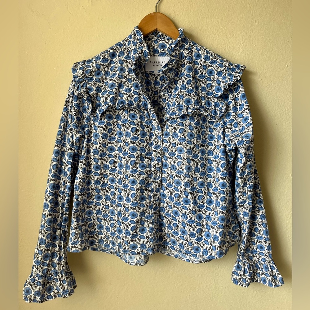 The Shirt by Rochelle Behrens long sleeve blue, white, & grey floral pattern